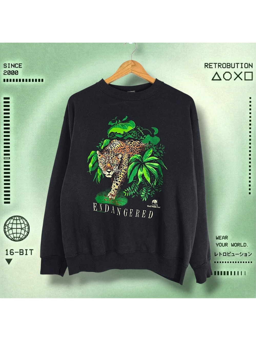 Vintage 1991 Jaguar Endangered WWF Crewneck Sweatshirt Black Size L